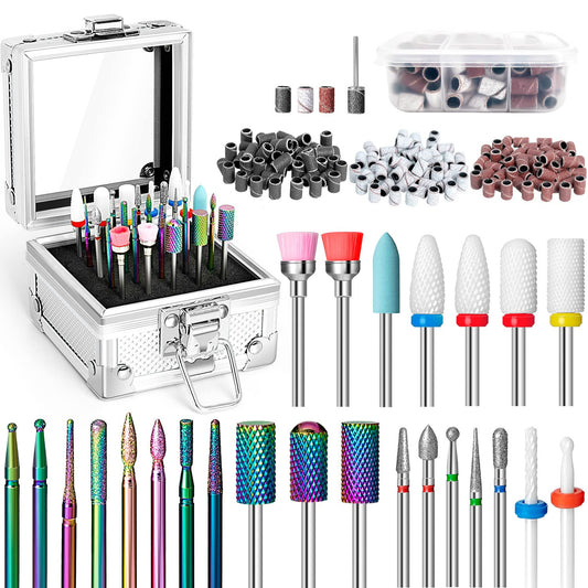 Onism 25Pcs Nail Drill Bits Set with 75Pcs Sanding Bands (80#/120#/180#), High-Precision Tungsten Carbide & Ceramic Efile Bits for Acrylic Gel Removal, Cuticle Care Kit with Organizer Box,Silver