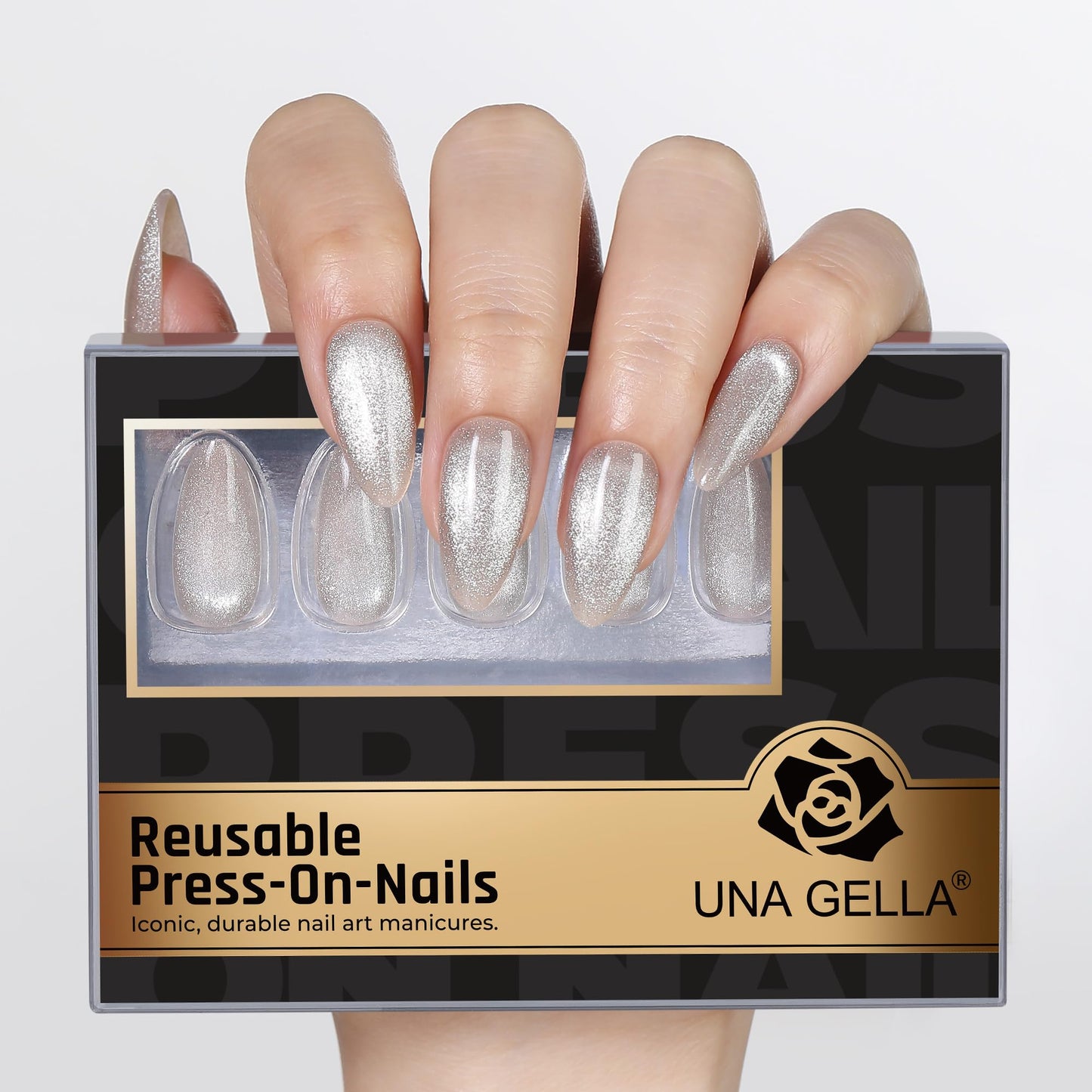 UNA GELLA 32Pcs Soft Gel Press on Nails - 16 Sizes Silver Cat Eye Almond Glue on Nails, Reusable Glitter False Nails, Full Cover Acrylic Nail Kit for Women DIY Home Manicure