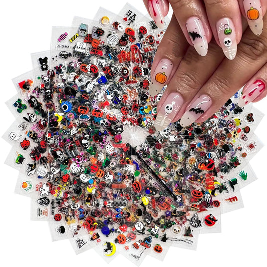 30 Sheets Halloween Nail Art Stickers Cute Pumpkin Skull Ghost Nail Stickers 3D Self-Adhesive Bat Spider Webs Nail Decals Nail Supplies for Women Girls Kids Decor