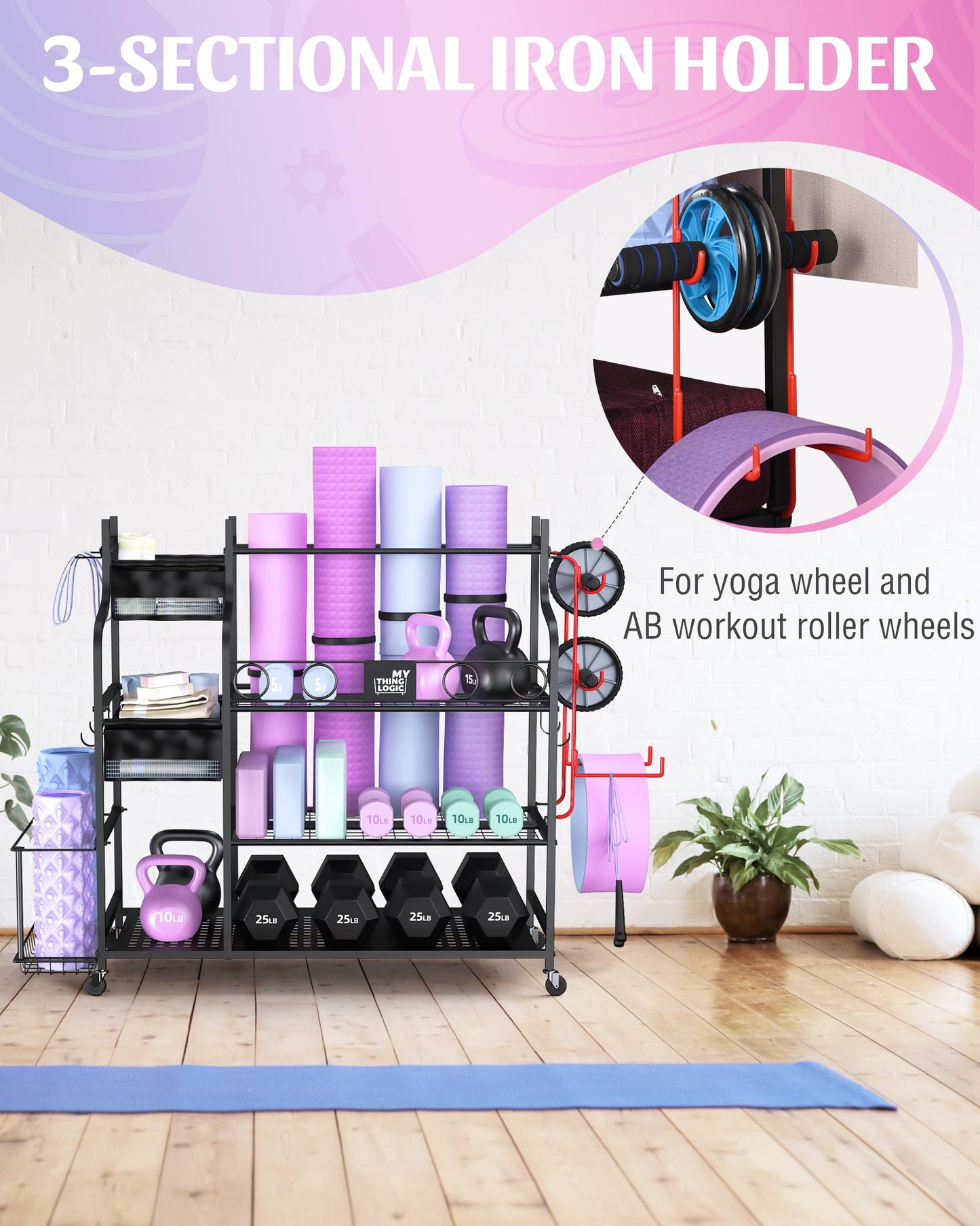 Mythinglogic Weight Rack for Dumbbells, Home Gym Storage for Yoga Mat Dumbbells Kettlebells and Strength Training Equipment, Dumbbell Rack with Wheels and Hanging Hooks (Black)