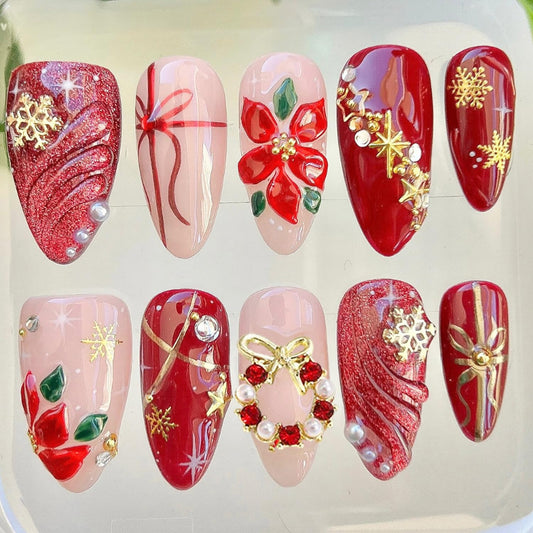 30Pcs Christmas Press on Nails Medium Almond Fake Nails Red Glitter False Nails with 3D Flower Design Gold Snowflake Star Rhinestones Stick on Nails Winter Full Cover Artificial Glue on Nail for Women