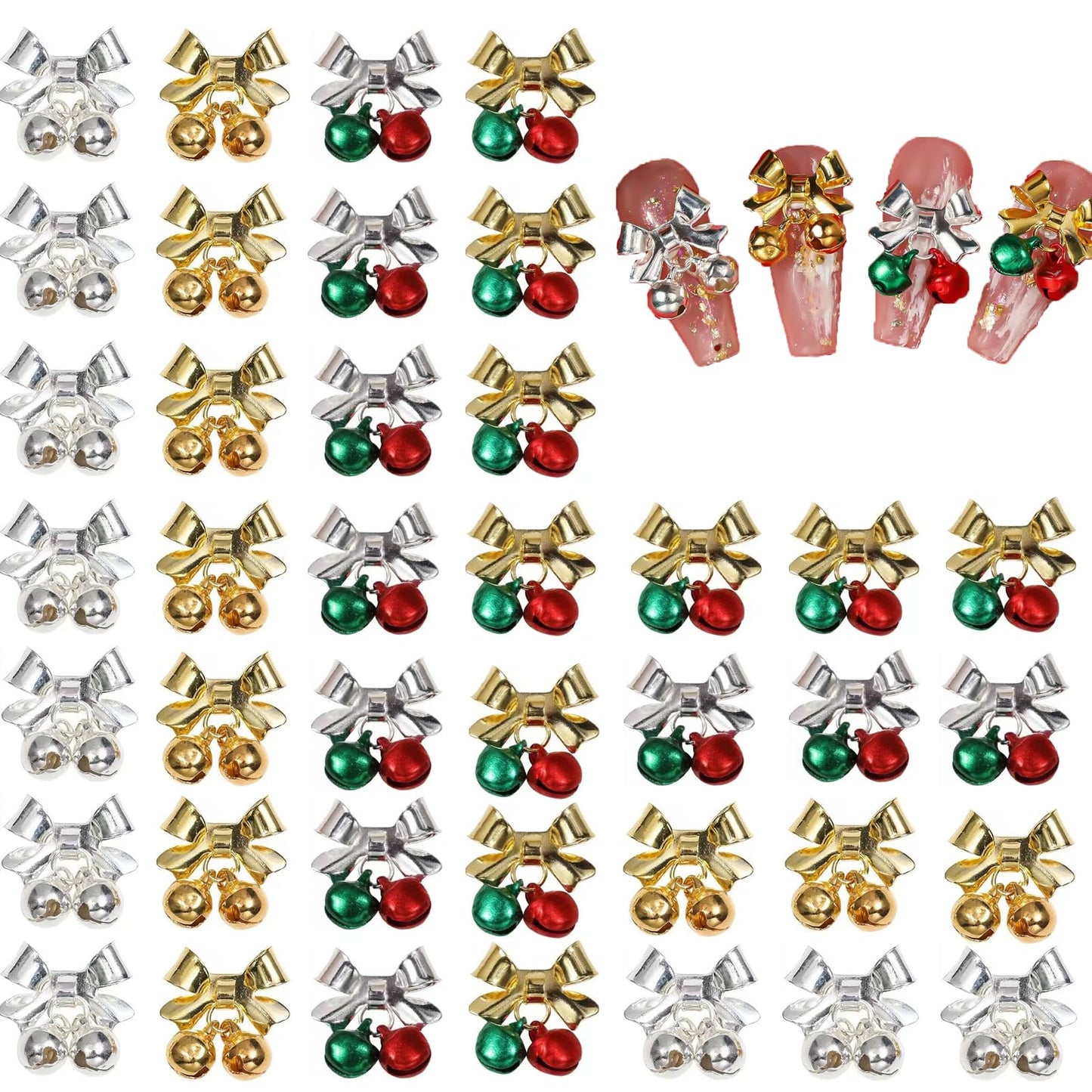 40Pcs Christmas Bell Nail Charms Gold Silver Bell Xmas Nail Charms for Acrylic Nails Red Green Alloy Bell Nail Gems and Charms Nail Jewelry for Women DIY Manicure Accessories