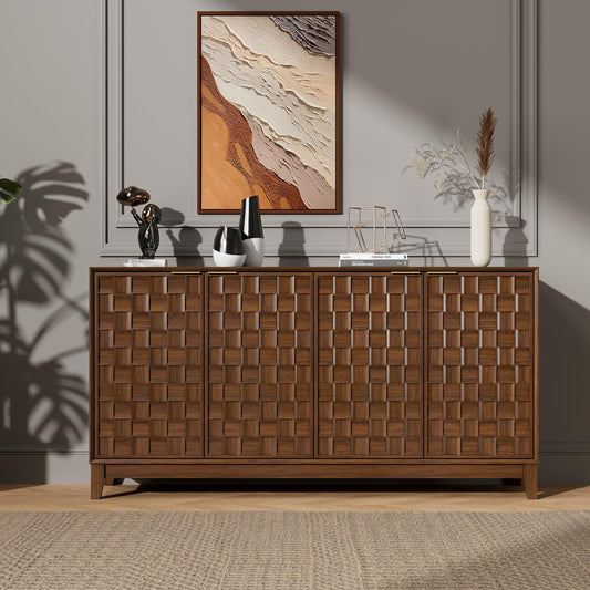 MALOL Fluted Sideboard Buffet Cabinet with Storage, 59" Wood Buffet Table with 4 3D-Checkerboard Doors & Adjustable Shelves, Kitchen Dining Room Coffee Bar Cabinet, Mid Century Modern Style, Walnut