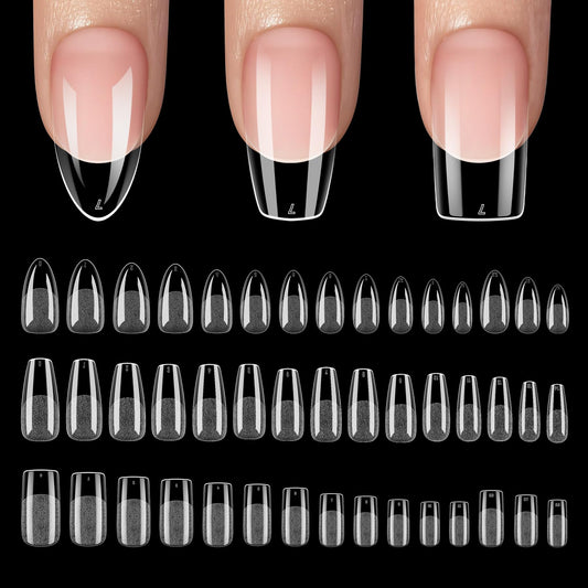 QIEK 450PCS Medium Almond & Coffin & Square - 3 Styles Nail Tips, 70-Grit Pre-Etched Press On Nail in 15 Sizes, Fake Nail Extension Kit for Acrylic Gel Nail Art DIY Salon