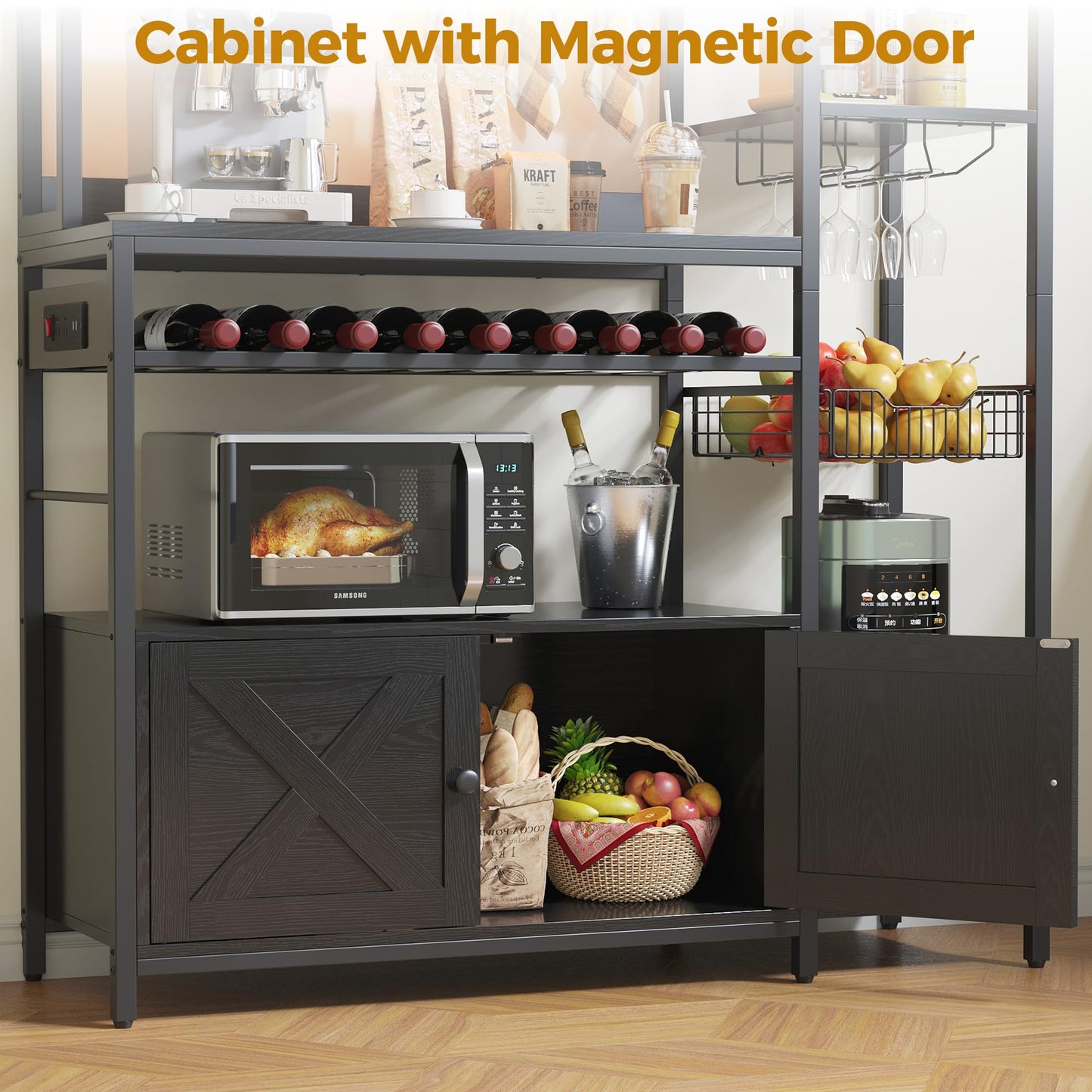 IRONCK Bakers Rack with Power Outlet, Kitchen Microwave Stand with Storage Cabinet, 47.24 Inch Coffee Bar Cabinet, Kitchen Racks with Shelves, LED Light, Globlet Holder and Wine Basket, Black