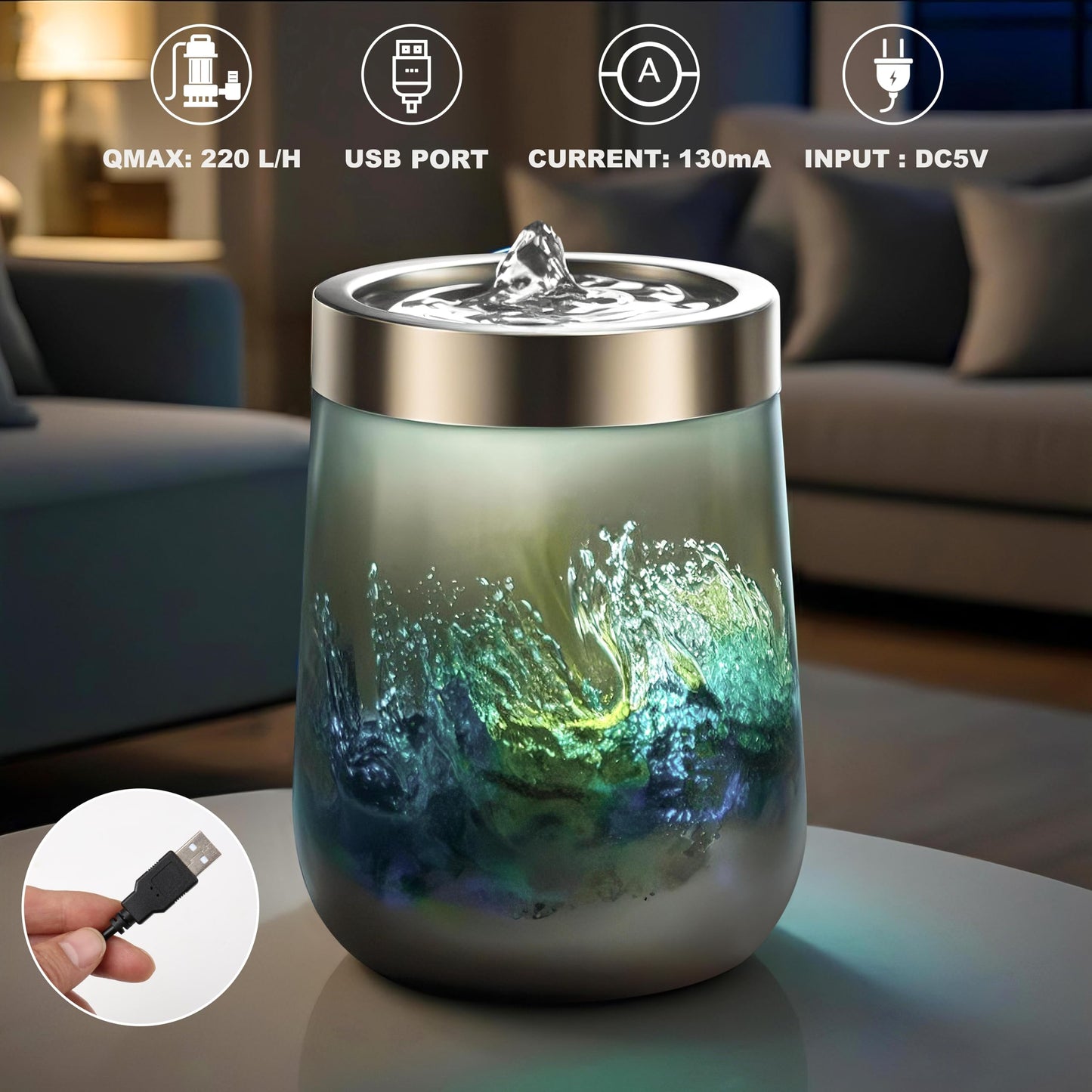 VOREEN Handblown Art Glass Tabletop Fountain, Quiet USB Desk Water Feature for Home & Office, Artisan-Made Landscape Glass Water Design with Soft White Ambient Glow, Collectible Décor Gift – Grey