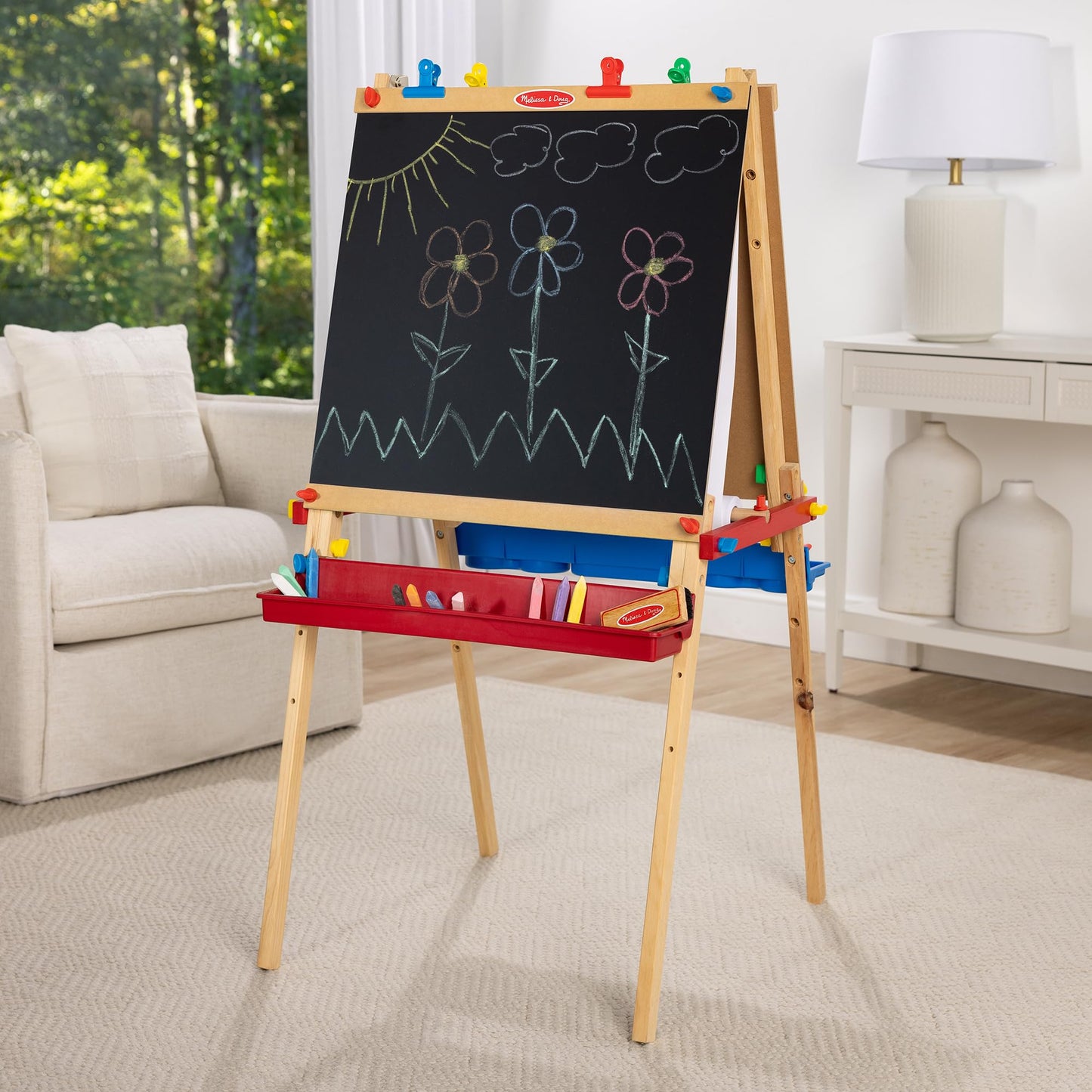 Melissa & Doug Deluxe Wooden Art Easel for Kids with Dry-Erase Board, Chalkboard & Drawing Paper Roller, Folding Double-Sided Toddler Easel, Preschool Learning Toys for Girls & Boys Ages 3+