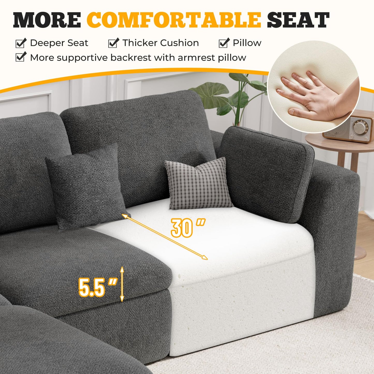 Luxanimarion 115" Cloud Boneless Sectional Couch, Deep Seat L Shaped Modular Couch with Ottoman, Oversized Upholstered Convertible 4 Seater Modular Sofa for Living Room,Black Chenille