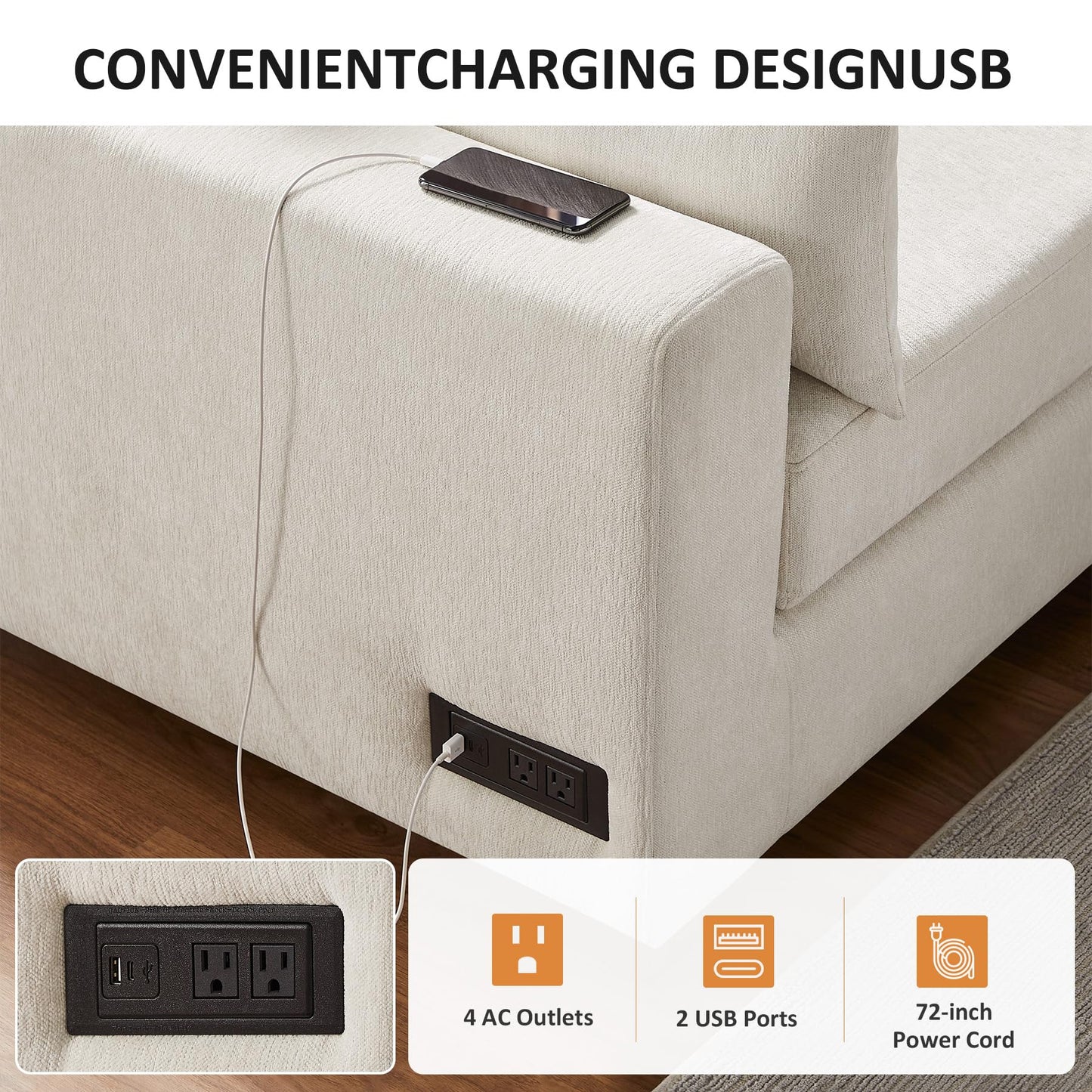 VANOMi Large Modular Sectional Sofa, Oversized Couch with Charging Station, Cloud Couch Deep Seat Sofa with Thick Cushion, Convertible Sectional Couches for Living Room Office Apartment