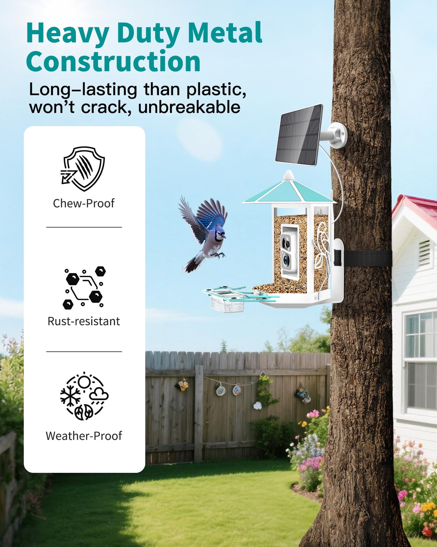 Bird Feeder with Camera - All-Metal Chewproof Smart Camera Bird Feeder Solar Powered, 2K Live Stream for Outdoor，AI Identify Auto Capture Videos, Weatherproof Heavy Duty, Gifts for Mom Dad