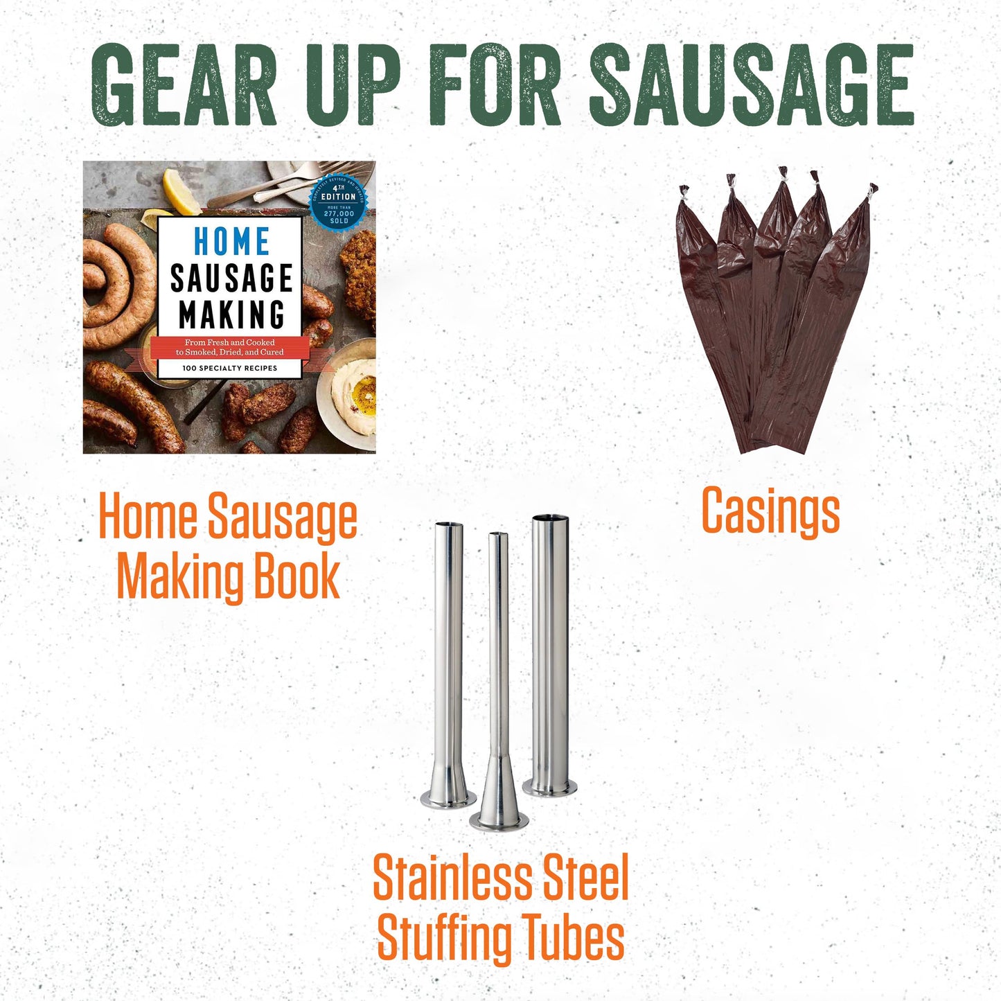 LEM Products MightyBite Vertical Stainless Steel 5 Pound Capacity Sausage Stuffer with Plastic Stuffing Tubes and Natural Hog Casings (32-35mm)