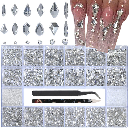 Nail Art Rhinestones - 12 Types of 600 Crystal White Diamonds, 3D Flatback DIY Pearls, Gems, Beads, Flat Back Stones Set, with Kit, for Nail Art Decor