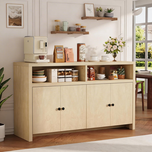 IDEALHOUSE Buffet Sideboard Cabinet with Storage, 55" Large Farmhouse Kitchen Storage Cabinet with 4 Doors & Adjustable Shelves, Wood Coffee Bar Cabinet for Kitchen, Dining Room, Living Room