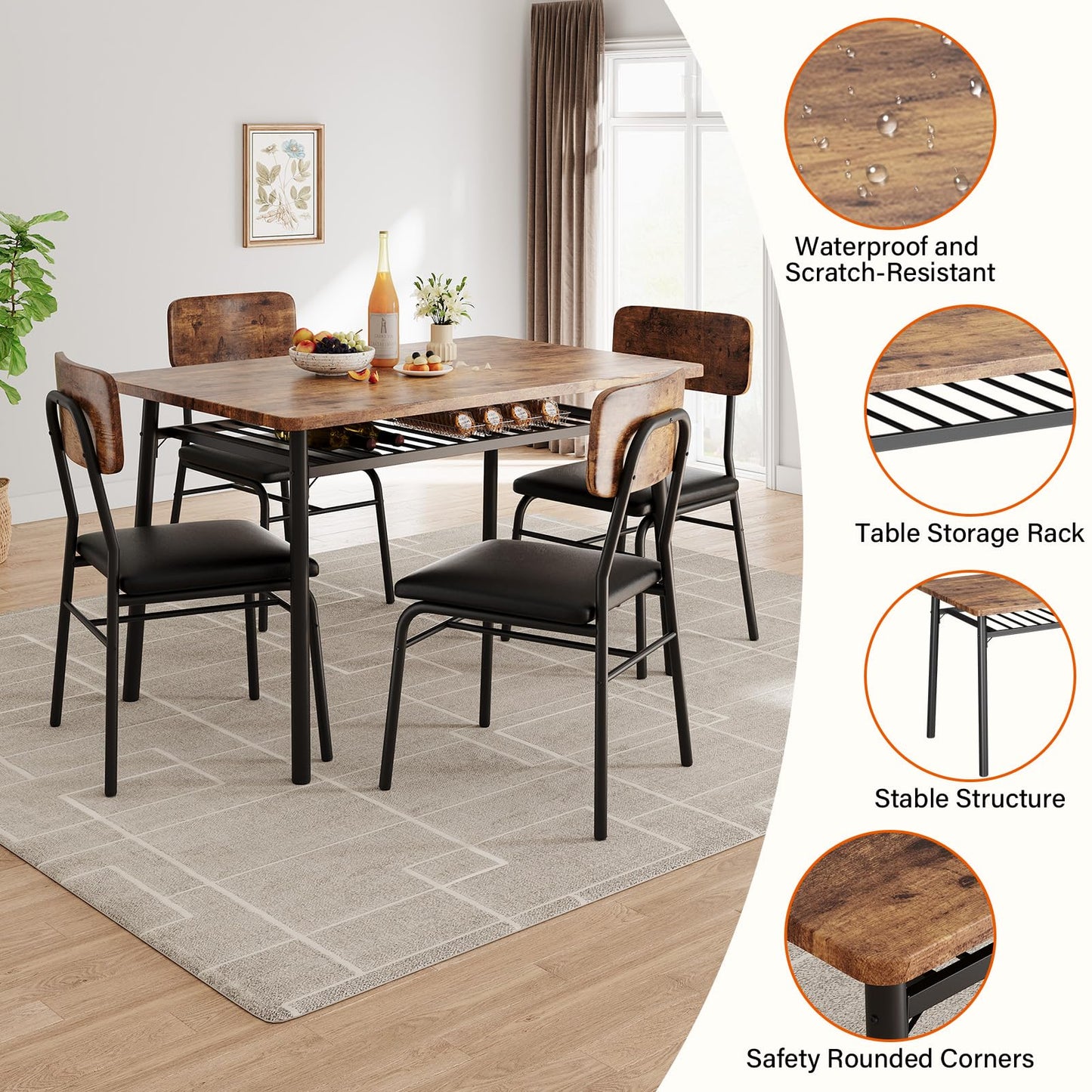 IDEALHOUSE Dining Table Set for 4 with Storage Rack, 5-Piece Kitchen Table and Upholstered Chairs of 4, Wood Tabletop & Heavy-Duty Metel Frame, Dining Room Set for Small Space, Apartment, Brown