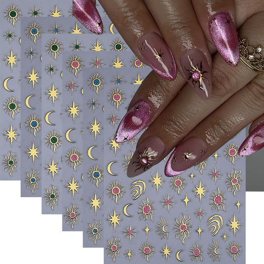 6 Sheet Celestial Nail Art Sticker Moon Star Sun Glitter Design Nail Decals 3D Self-Adhesive Nail Accessories Golden Metallic Nail Supplies Beauty Salon Sticker for Women DIY Manicure Nail Decorations