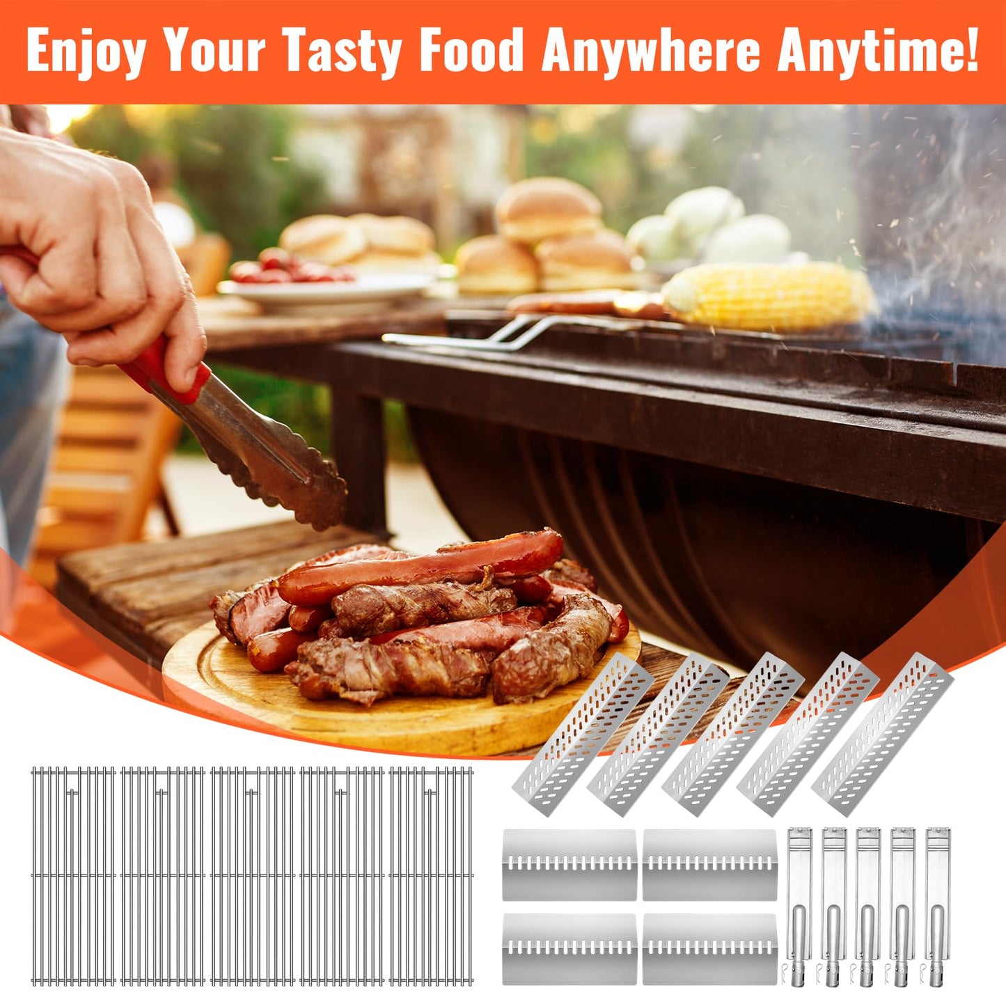 LPTNFRTN Stainless Steel 16631 Flame Tamer and 16520 Heat Plate Shield and 16516 Burners with 5Pack Cooking Grates for Bull Grill Replacement Parts,for Blaze Lion Cal Flame G Series 5 Burner Grill