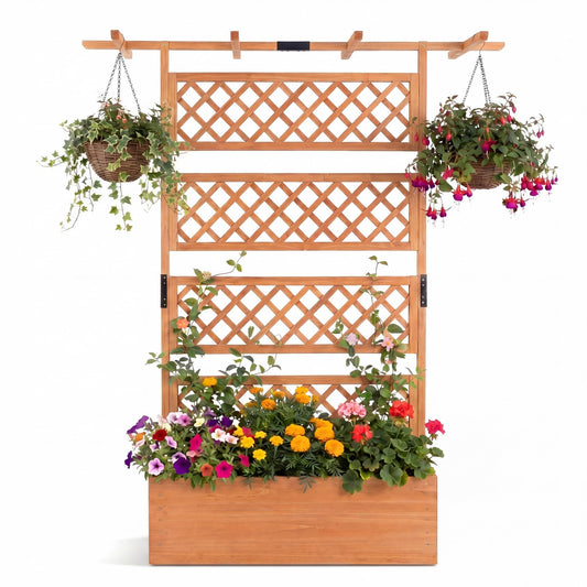COSTWAY Wooden Raised Garden Planter with Trellis and Roof, 72" Freestanding Privacy Screen & Climbing Plant Support for Outdoor Patio, Balcony, Vegetable, Herb, and Flower Gardening (Brown,2)