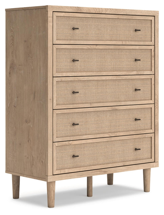 Signature Design by Ashley Cielden Contemporary Chest of Drawers with Textured Cane Details and 5 Drawers, Bronze Knobs, Wood, 52.48" High, Light Brown
