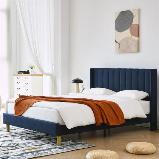 YUHUASHI upholstered Platform Bed Frame/Queen Bed Frame/Modern Geometric Double-Wing Design headboard/Linen Fabric/Easy to Assemble no Noise (Navy Blue, Queen (U.S. Standard))