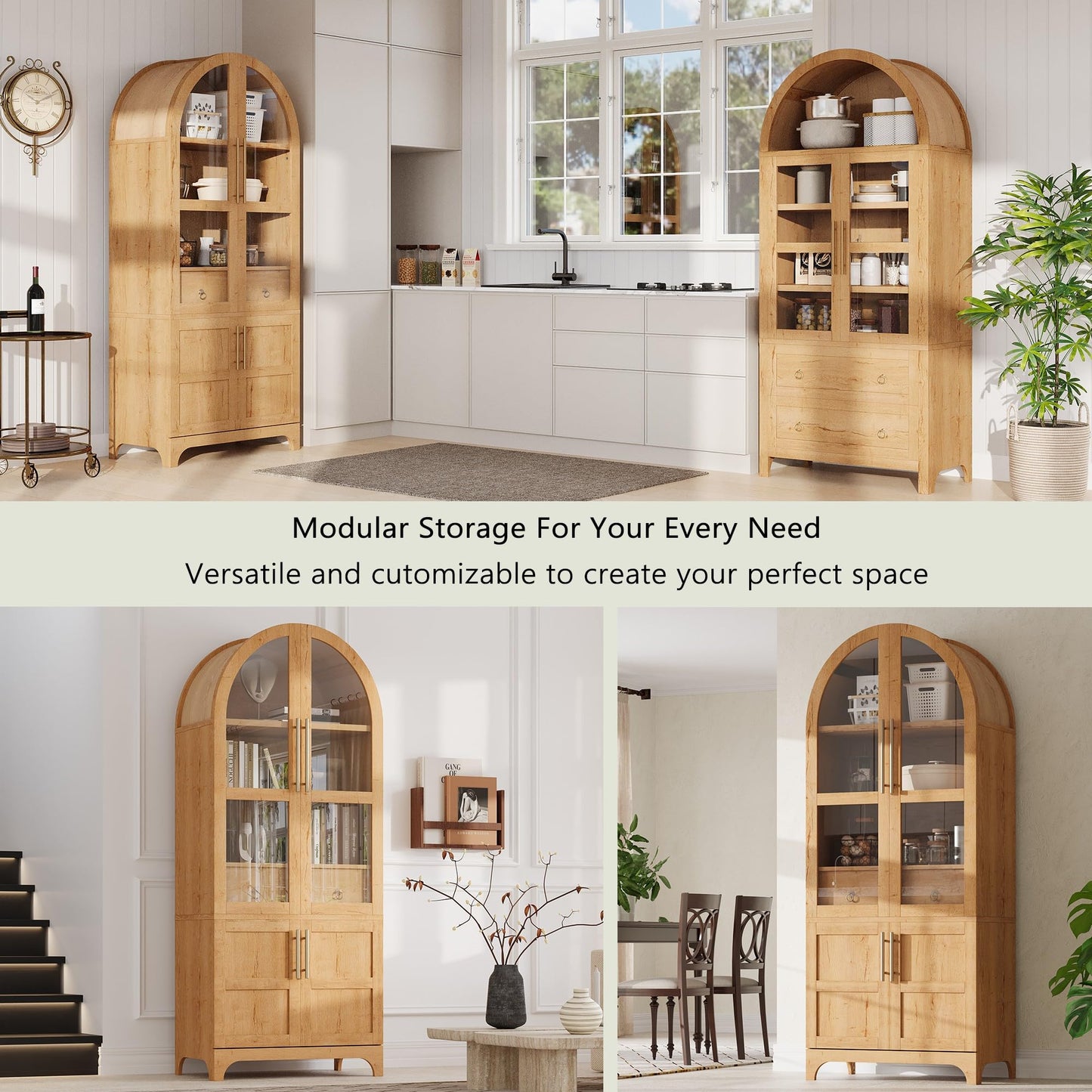 Erteliza 71" Farmhouse Arched Storage Cabinet with Glass Doors & Hidden Drawer, Tall Arched Cabinet with Adjustable Shelves, Kitchen Pantry Cupboard for Dining Room, Natural