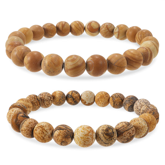 Bivei Natural Gemstone Semi Precious Crystals Handmade Stretchy Round Beads Bracelet, Enhance Positive Energy,Stocking Stuffers for Women(Wood Grain Jasper & Picture Jasper（Creativity） Medium)