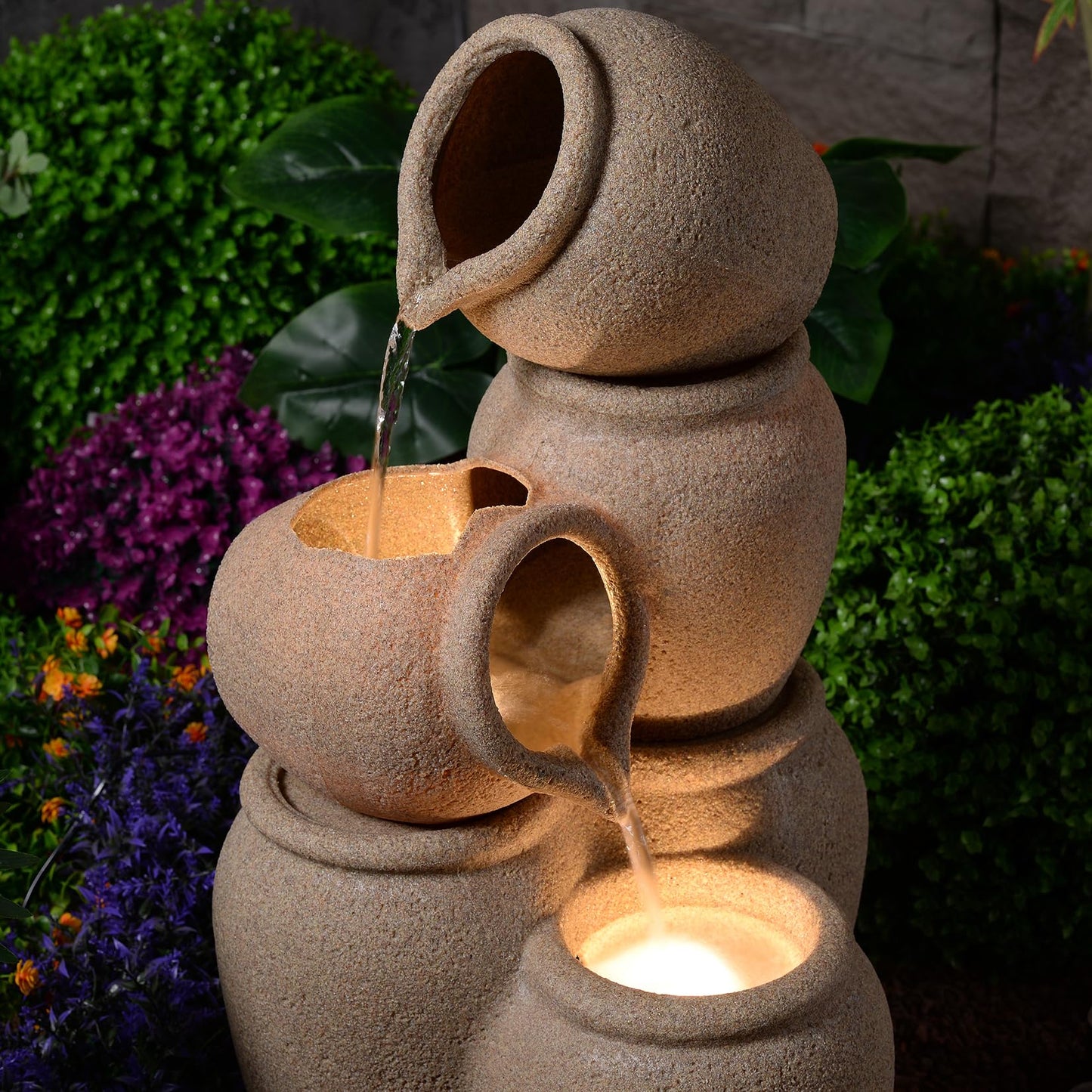 Puulye 29.53" H Outdoor Water Fountain Made with Eco-Friendly Recyclable Materials, Polyethylene Cascading Waterfall Outdoor Fountain, Garden Decor with LED Light & Pump for Patio, Backyard