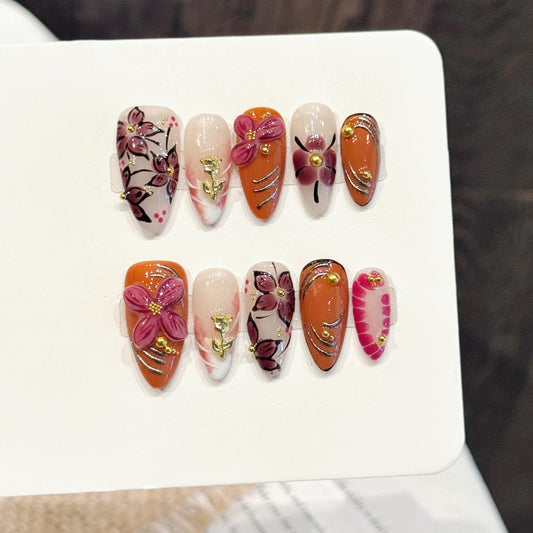 NLSJMP handmade nails press on Salon Quality flower orange gold white pink cute Reusable almond hand-painted gentle acrylic 3D fake nails designed kit,10 Nails, Size M #3330