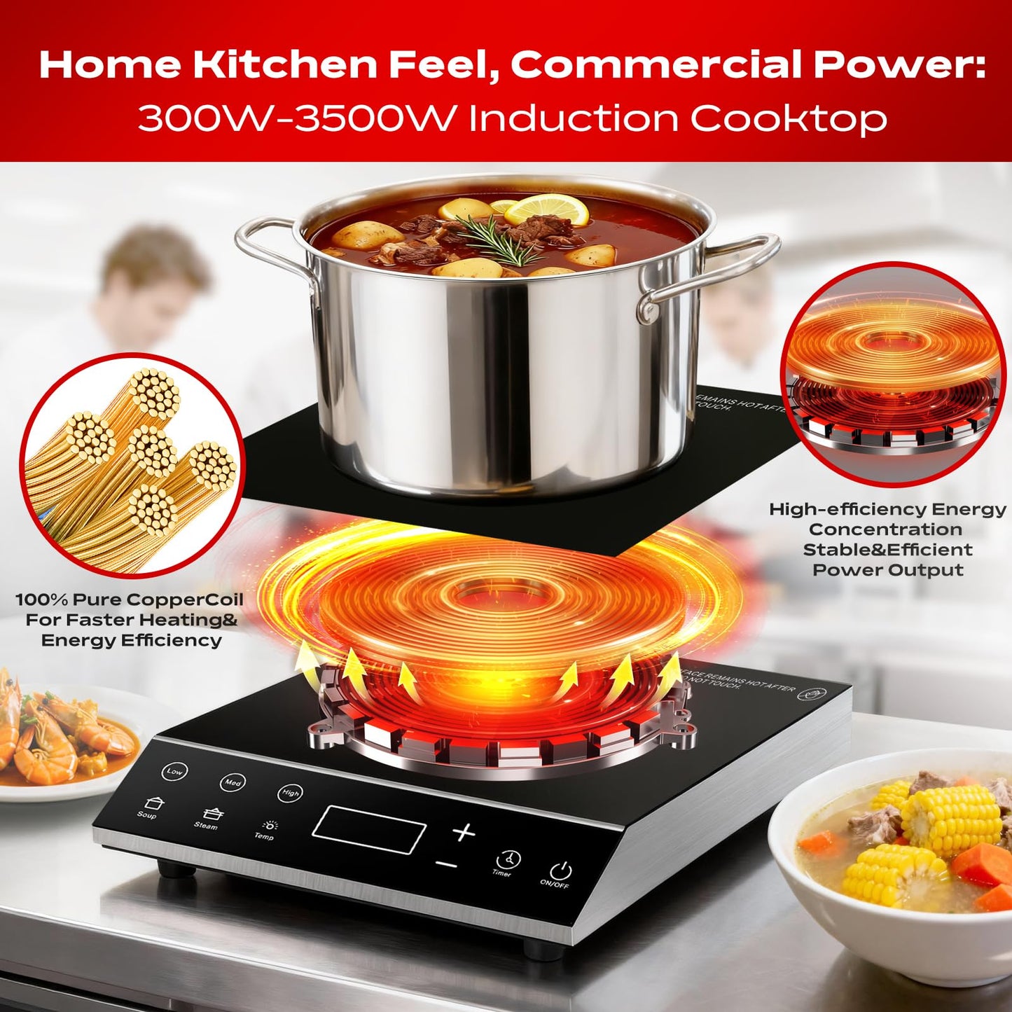 3500W Commercial Induction Cooktop, 220V Countertop Burner with 10 Power Levels, 5 Quick-Temp Modes, Timer & LED Display, Portable Induction Hot Plate for Restaurant Kitchen Hotel Catering