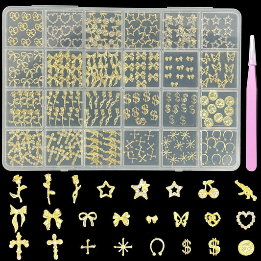 240 PCS Gold Nail Charms with 24 Types Elements Heat Cherry Star Bow Butterfly Rose Dollar Sign Coin Gun Cross for Nail Art Decoration Jewelry