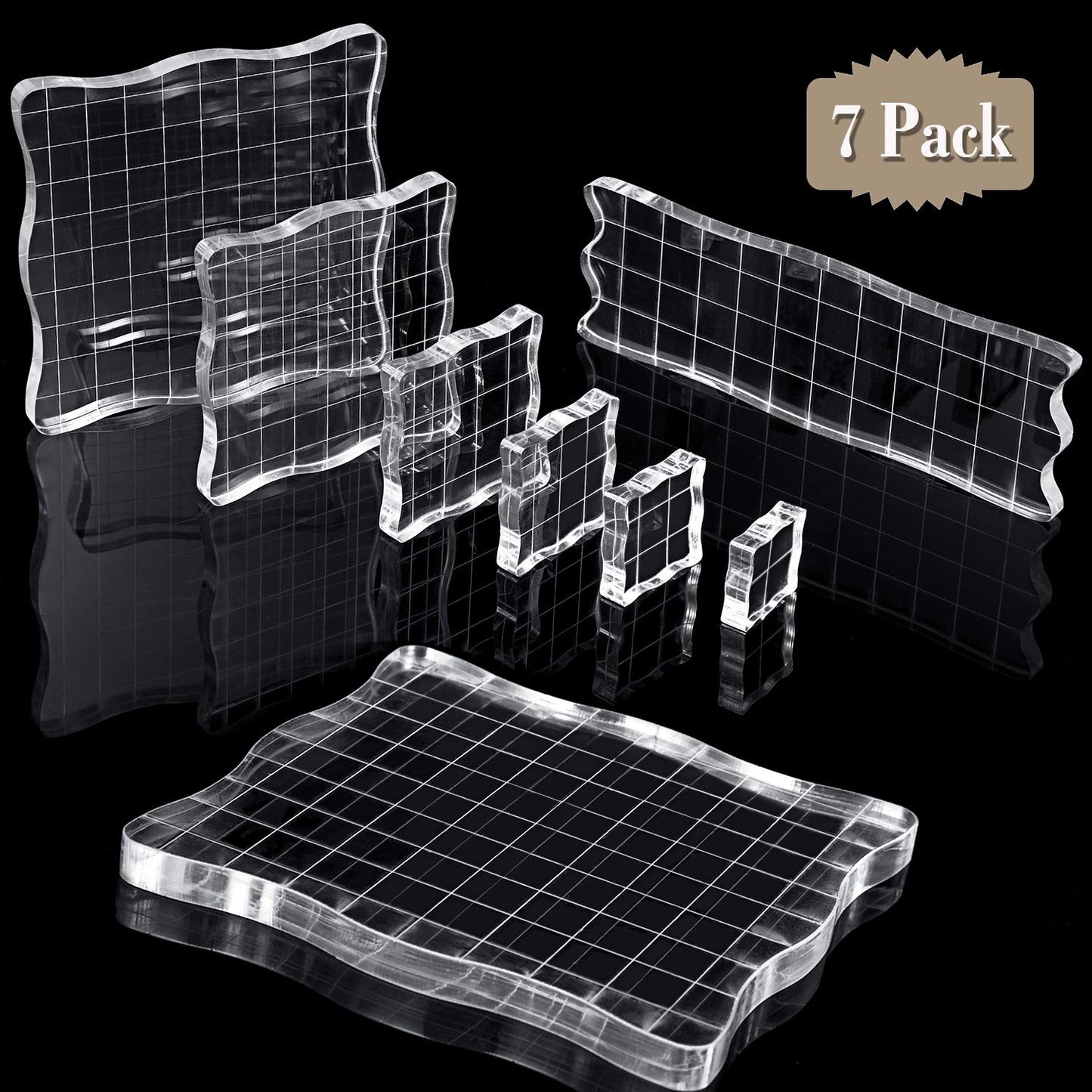 Mudder 7 Pieces Acrylic Stamp Blocks Set Clear Stamping Blocks Tools for Kids with Grid and Grip Scrapbooking Craft Making, Decorative DIY Essential Stamping Tool(Lace Edge)