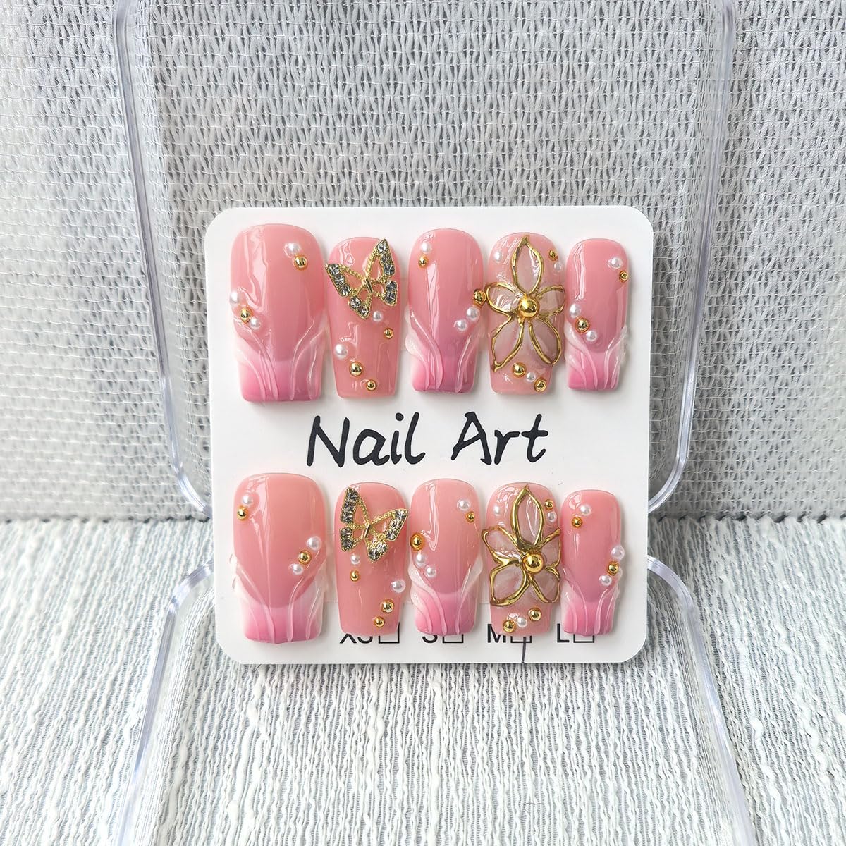 Handmade Press on Nails Medium Square Fake Nails Pink French Tip with 3D Butterfly Flower Designs luxury Glossy Cute Acrylic Nails for Women 10pcs (Size M