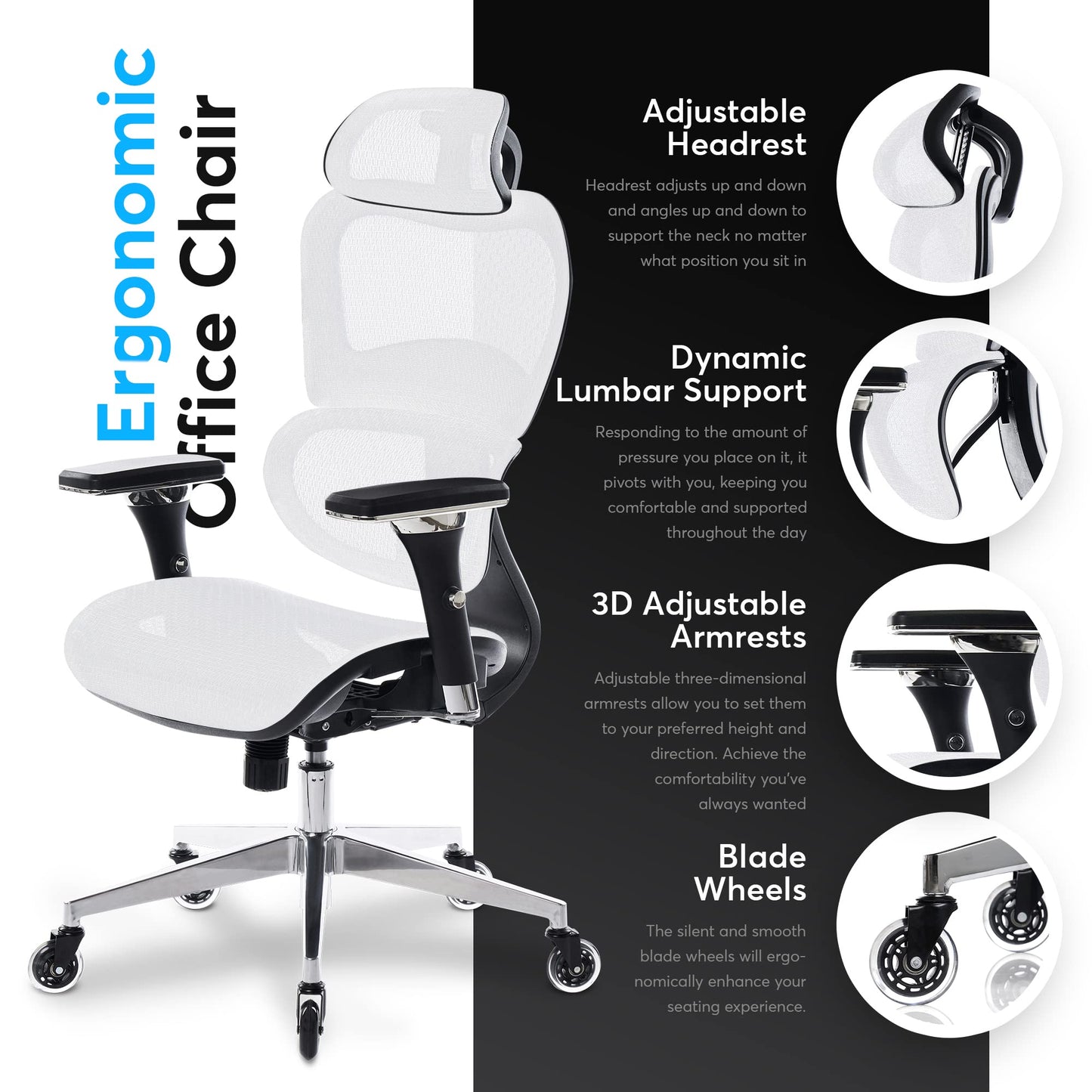 Oline ErgoPro Ergonomic Office Chair with 4D Adjustable Armrest, 3D Lumbar Support and Blade Wheels - Mesh Computer Gaming Rolling Desk Executive Swivel Home Chair (White)