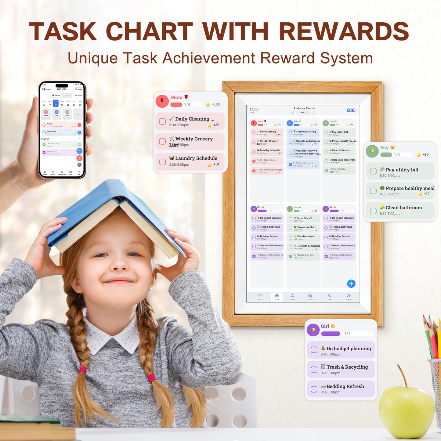 EMOLENDAR Digital Calendar,15.6 Inch Smart Wifi Electronic Calendar with Wooden Frame, Full HD Touchscreen Display Picture Frame Calendar for Family Schedules Planner Organizing-Wall & Desk Mountable