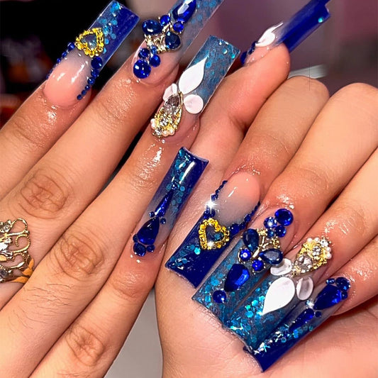 MISUD Press on Nails - Long Square Fake Nails with Royal Blue, Acrylic Bling Glitter Rhinestone Design 24 pcs