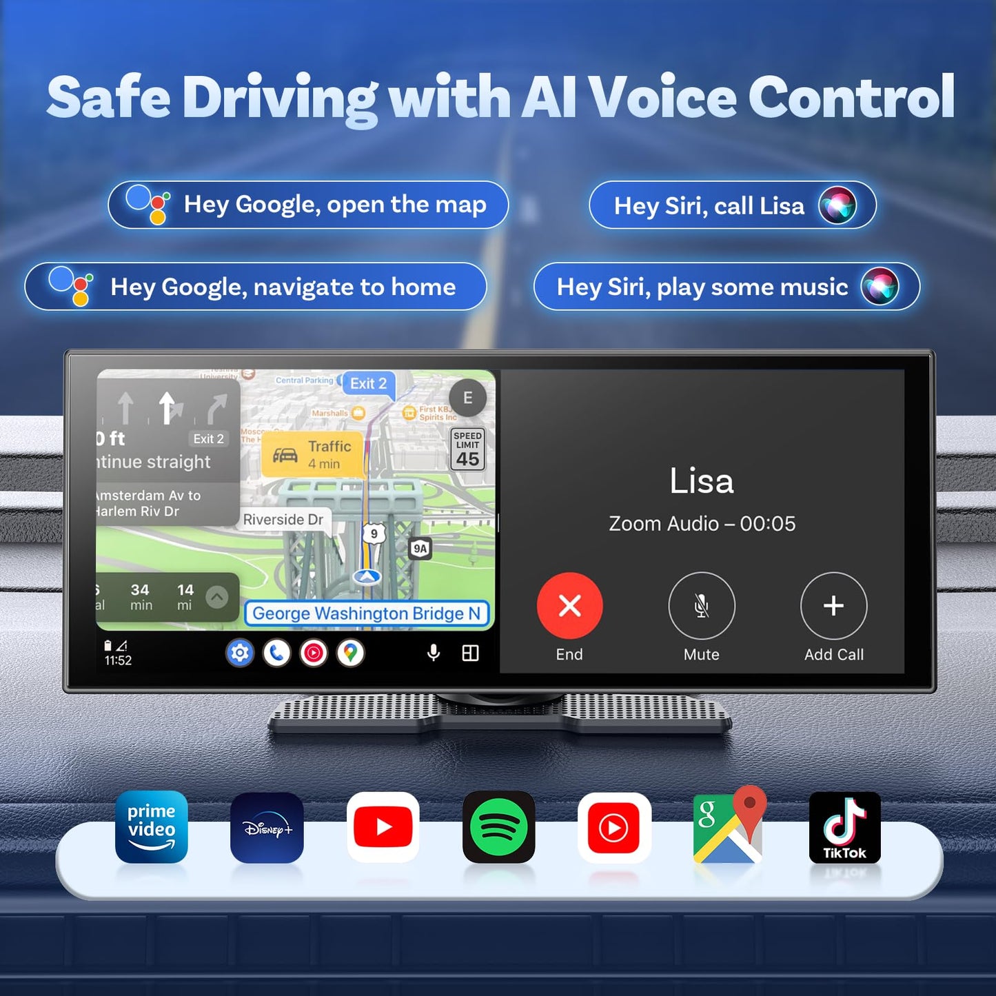 OTTOCAST OttoScreen AI, 11.4" Portable CarPlay Screen for Car with YouTube and Backup Camera for iPhone(iOS 8+) Android Auto(Android 11+), Built-in Apps, Voice Control, Android 15 OS