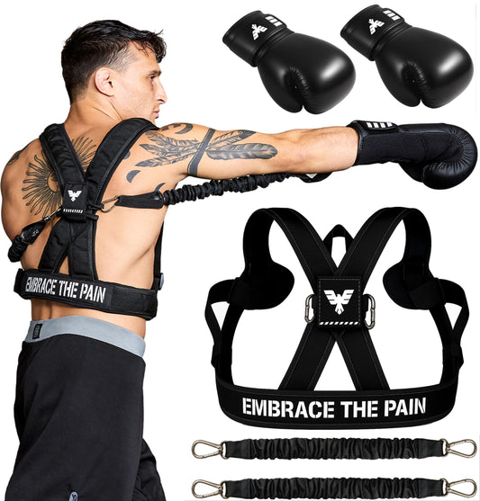 Elite Sports Adult Boxing Harness with 12oz Gloves – Adjustable Resistance Bands (3 Levels), Stability Strap, Padded Back & Shoulder, Ballistic Nylon, Quick-Release Buckle – Training & Workout Gear