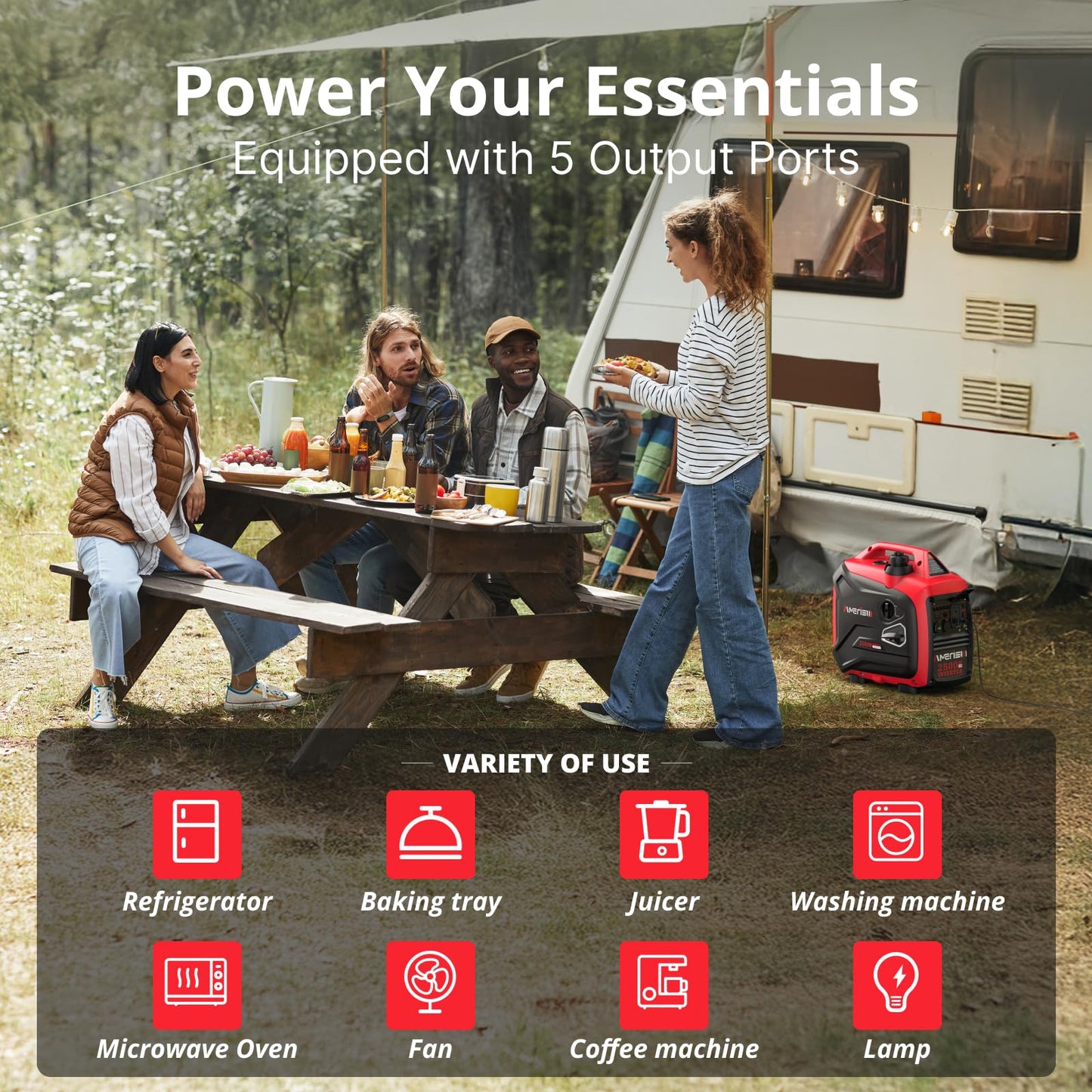 AMERISUN Portable Inverter Generator 2500W Gas Powered, Long Runtime Gas Generator for Camping