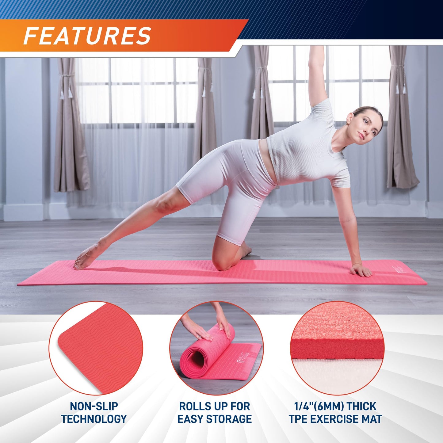 Circuit Fitness by Marcy 1/4-inch (6mm) Non Slip Multi-Purpose Exercise Yoga Mat with Carrying Strap - Sakura Pink