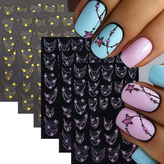 6 Sheets French Tip Line Nail Art Stickers 3D Self-Adhesive Gold Laser Silver Star French Stripe Nail Stickers Necklace Star Nail Decals French Curve Line Nail Supplies for Women DIY Nails Decoration