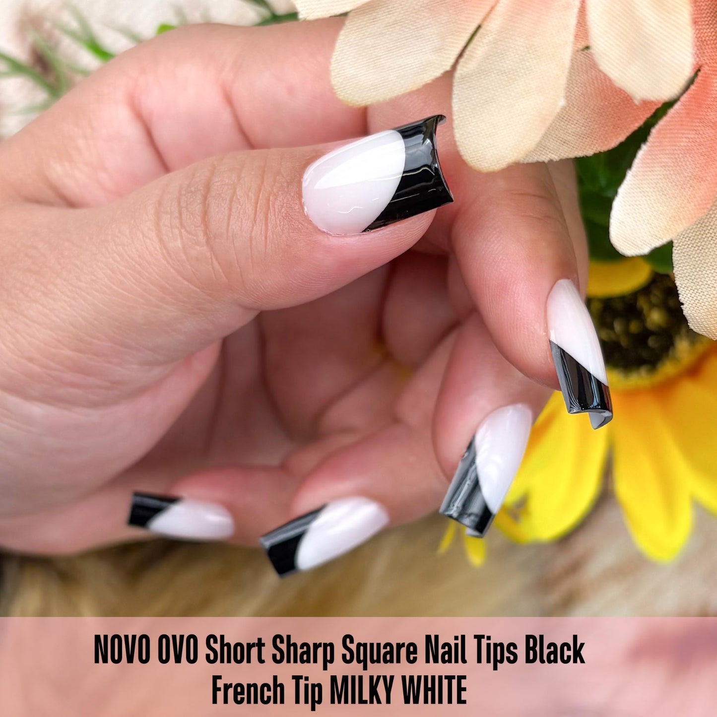 NOVO OVO Short Sharp Square Black French Tip Nail Tips Press on MILKY WHITE, Need Builder Gel Top Coat Nail Glue, Soft Gel Fake Nail Extension, Full Cover False Nails for Salon DIY x 15 Sizes 240 pcs
