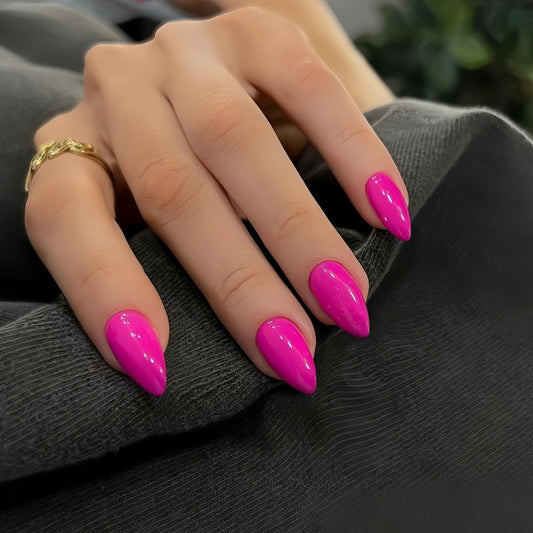 KQueenest Hot Pink Press on Nails Short Almond - 30 Pcs Reusable Fake Nails Glue on, Thick Natural Fit Acrylic Nails Short Stiletto, Salon Quality Stick on Nails for Women Summer Decoration