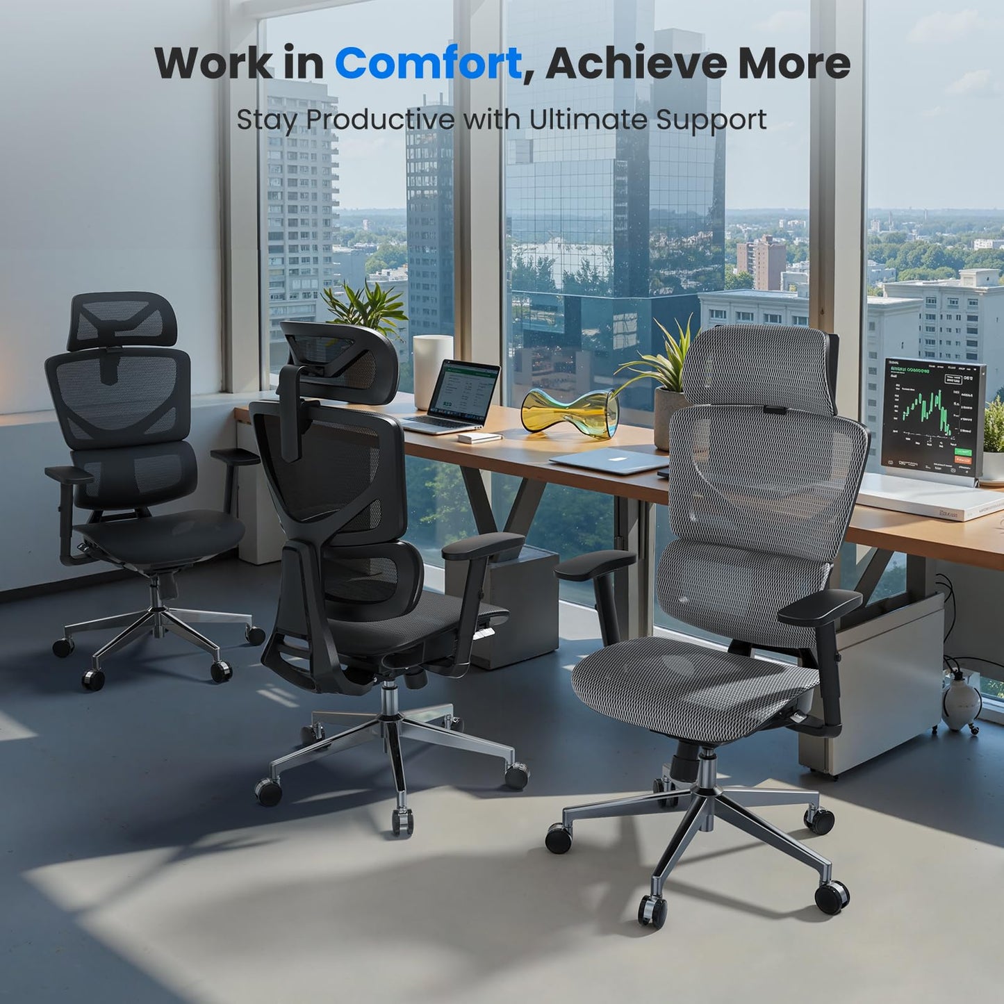OdinLake L1 Ergo Upgrade 518 Grey Ergonomic Mesh Office Chair – Big & Tall 350lbs, Adjustable Lumbar Support, Seat Depth, Height, Headrest, Armrests, High Back Desk Chair