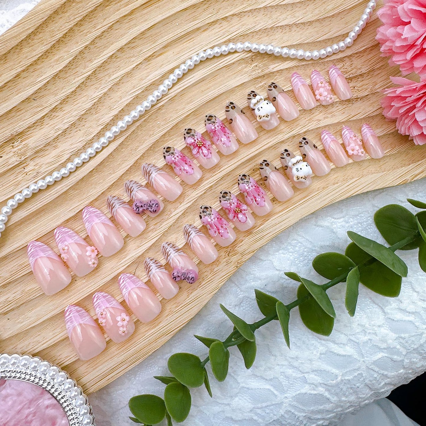 30Pcs Pink Press On Nails Medium Almond Leopard Print French Tip Fake Nails with Flowers Bow Rhinestones 3D Summer Flower Acrylic Nails Cute False Nail Set Cartoon Full Cover Stick on Nails for Women