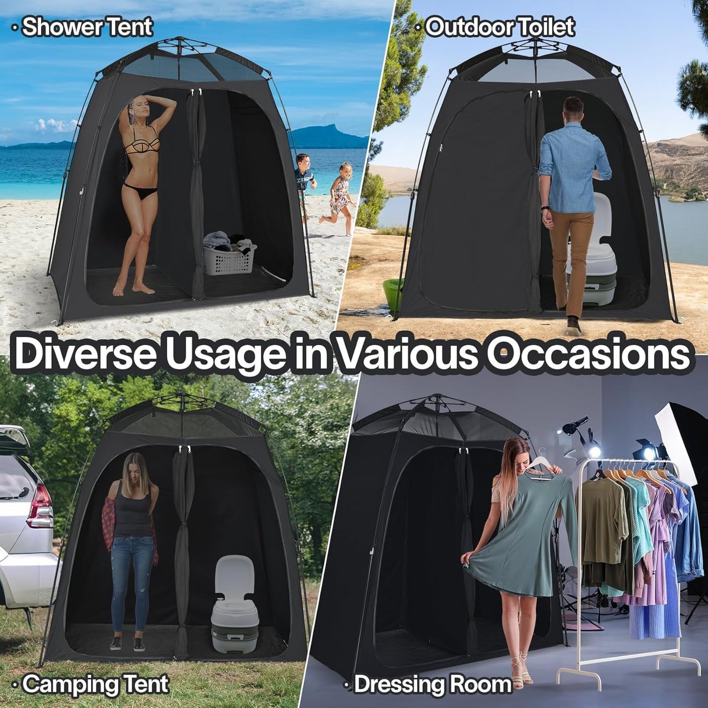 EighteenTek® Upgraded Shower Tents with Hub, Camping Privacy Tent, 2-Room Privacy Shelter with Floor & Dual Doors, Portable Camping Toilet & Changing Tent, 83" x 47" x 77.6"H