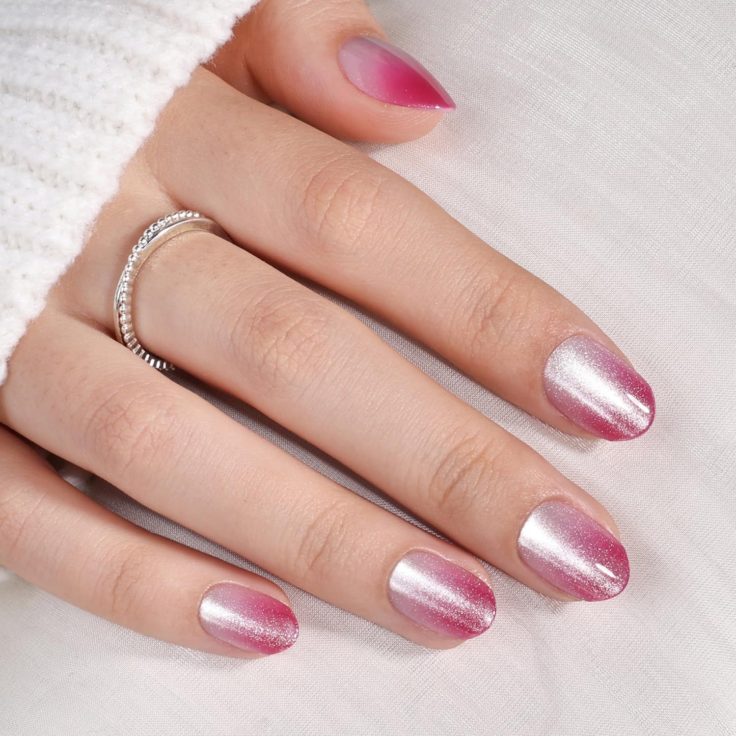 Pink Cat Eye Press On Nails Oval - Ombre Pink Short Oval Fake Nails, Red Cateye Press On Nails Reusable Stick On Nails in 16 Sizes, 32pcs False Nail Kit for Women & Girls (Fading Bloom)