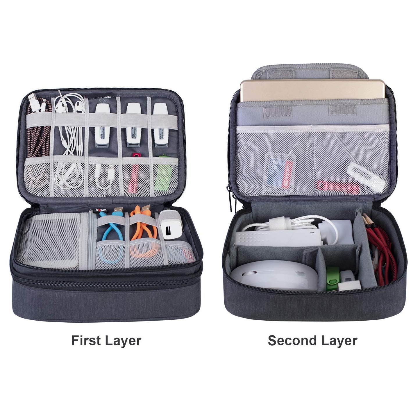 BUBM Electronic Organizer, Double Layer Travel Gadget Carry Bag for Cables, Plugs, Earphone, Flash Hard Drive and More--a Sleeve Pouch for iPad Mini(Medium, Black)
