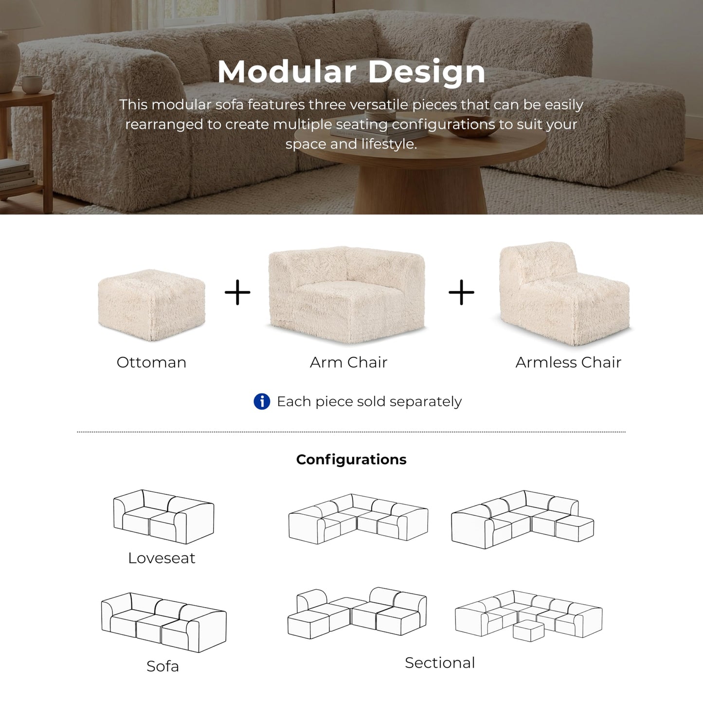 Furniture of America Havyn Modern Faux Fur 1-Seater Modular Armless Foam Sofa Chair with Deep Seat, Compressed Couch in a Box, No Assembly Required, for Living Room and Office, Black