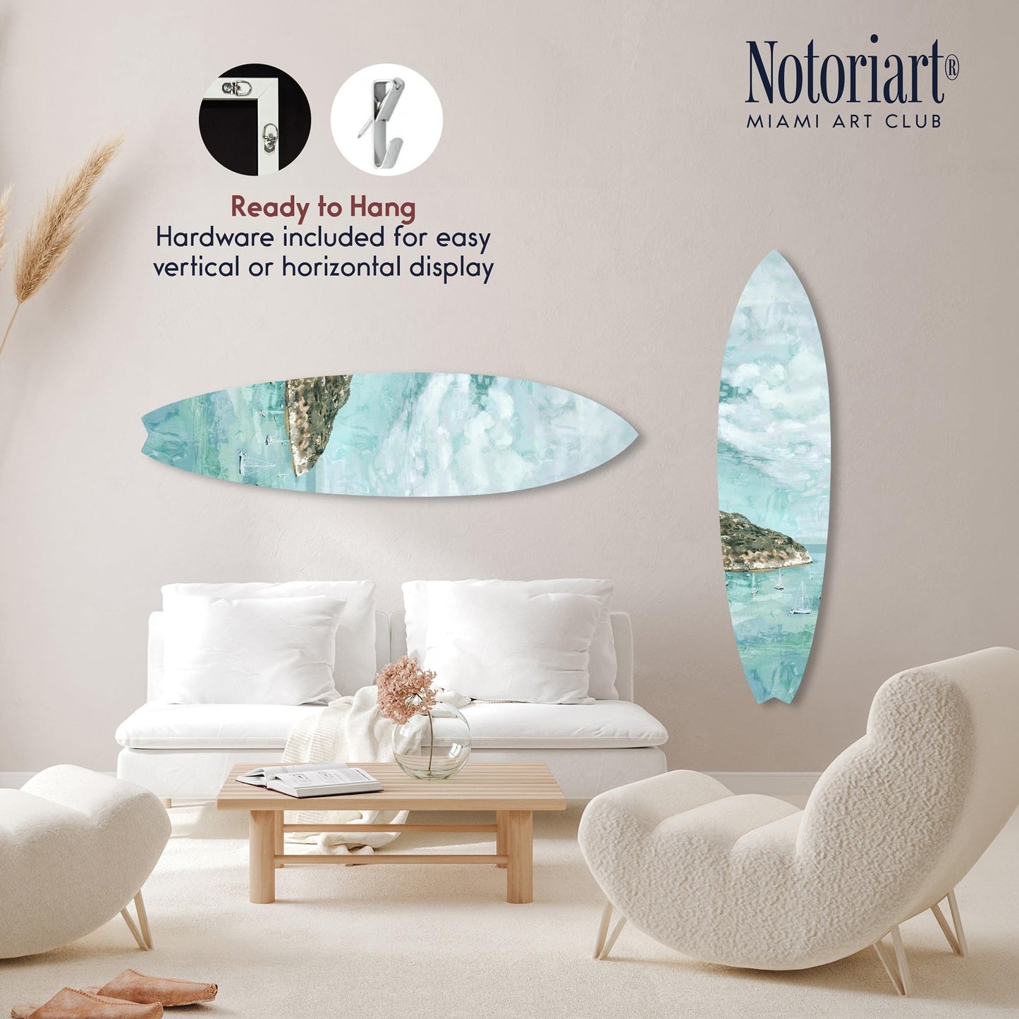 Notoriart Greek Vacation Surfboard Acrylic Wall Art Die-Cut Coastal Modern High-Gloss Home Decor, 15" x 60"