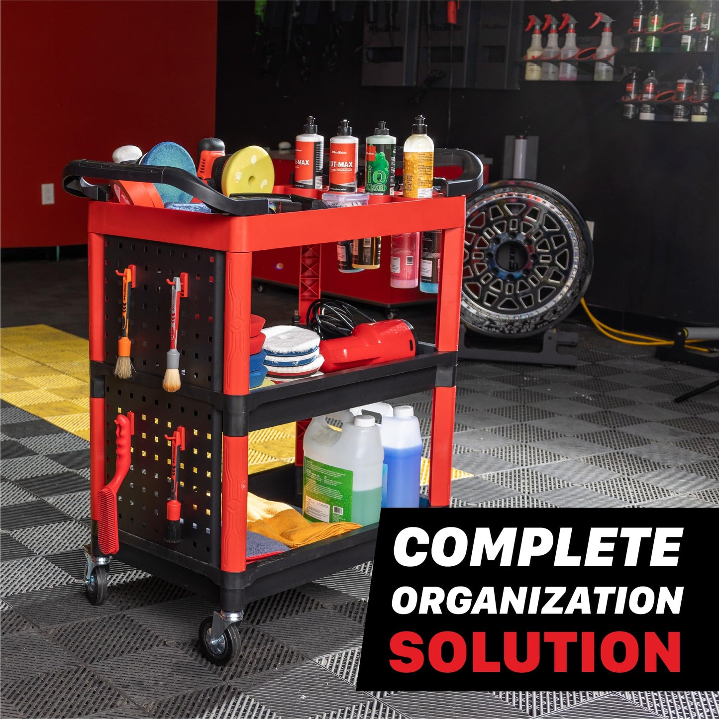 Maxshine Premium Universal Heavy Duty Detailing Cart – 3-Tier Mobile Car Detailing Cart with Locking Casters, Storage Shelves, Brush Holder & Pegboard Organizer – Garage & Mobile Auto Detailing