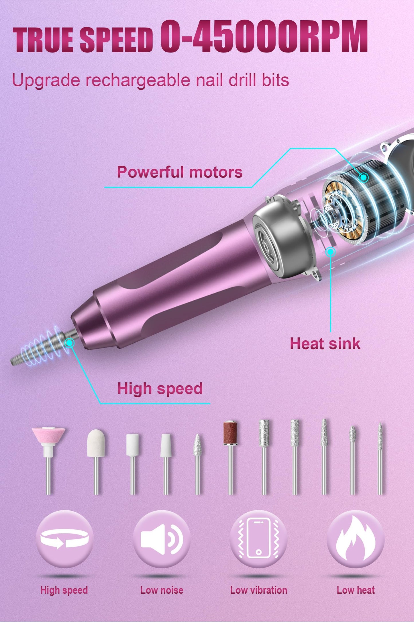 Electric Nail Drill Professional, 45000RPM Cordless Electric Nail File for Acrylic Gel Nails, Manicure Pedicure Polishing Shape Tools for Home Salon with 11pcs Drill Kits, Pink